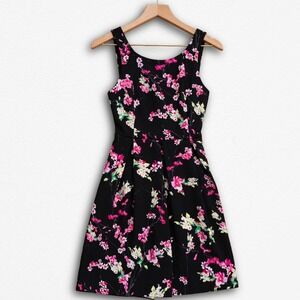 Floral Fit and Flare Mini Dress Black Pink Cherry Blossom Cross Back Cutout XS